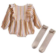 2 Piece Baby Girl Romper With High Socks 6-12 Months Long Sleeve Multicolor Romper With Stripes Beige Socks New Cute Cotton Socks For Playtime, Cute Spring Playtime Socks, Beige Socks, Sweatshirt Romper, Month Colors, Girls Rompers, High Socks, Matching Sets