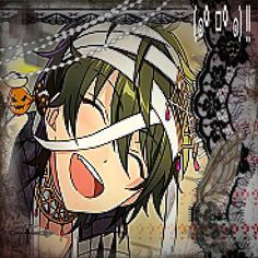 an anime character with black hair and green eyes, wearing headgear in front of a grungy background