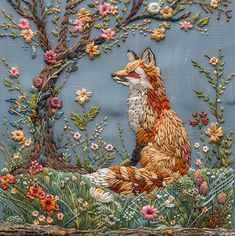 a painting of a fox sitting in the grass next to a tree with flowers on it