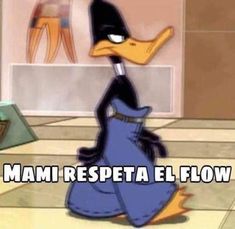 a cartoon duck wearing a blue dress and black shoes