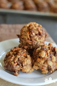 three cookies on a white plate with chocolate and walnuts in the backgroung