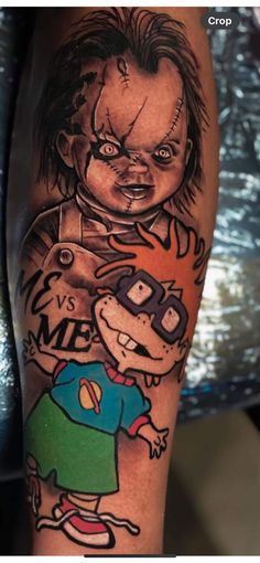 an arm with a cartoon character on it