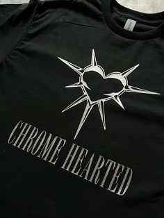 She's Chrome Hearted ....  sizes available S-3XL Chrome T Shirt Design, Cotton Band Merch Top With Heart Graphic, Band Merch Crew Neck Top With Heart Graphic, Chrome Hearts Graphic Design, Band Merch Cotton Top With Heart Graphic, Long Sleeve T-shirt With Heart Graphic For Streetwear, Chrome Heart Shirt, Chrome Hearts Jersey, Chrome Hearts Tee Shirt