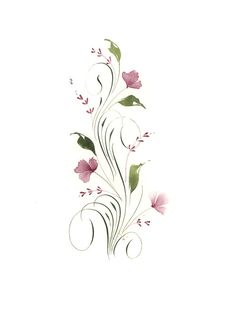 some pink flowers and green leaves on a white background