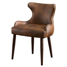 a brown leather chair with wooden legs and studded trimmings on the back