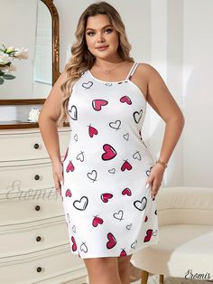 Eromis - Womens Plus Size Nightdress: Elegant Sleep Dress with Irregular Neckline and Plain Heart Print White Heart Print Sleepwear For Spring, White Heart Print Sleepwear For Summer, White Spaghetti Strap Dress For Sleepover, White Printed Dresses For Loungewear, Sleeveless Heart Print Dress For Valentine's Day, White Sleeveless Dress With Heart Print, Night Dresses, Sleep Dress, Collar Dress