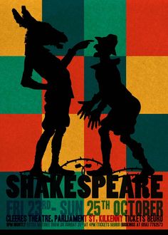 the poster for shakespeare's play is shown in black and green, with an image of two men dancing