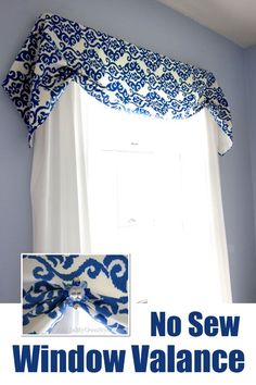 a window valance with the words no sew window valance in blue and white