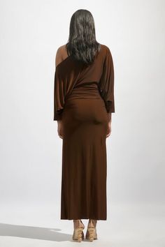 Brown malai lycra dress with gathered detailing. - Aza Fashions One-shoulder Ruched Maxi Dress For Dinner, Asymmetrical Ruched Maxi Dress For Cocktail, Ruched Asymmetrical Maxi Dress For Evening, Ruched Asymmetrical Maxi Length Dress For Evening, Asymmetrical Ruched Maxi Cocktail Dress, Elegant Evening Asymmetrical Elastane Dress, Stretch Draped Maxi Dress For Cocktail, Stretch Draped Cocktail Maxi Dress, Evening Dress With Asymmetrical Hem In Elastane