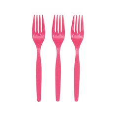 three pink plastic forks on a white background