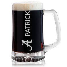 a beer mug with the name patrick on it is sitting in front of a white background