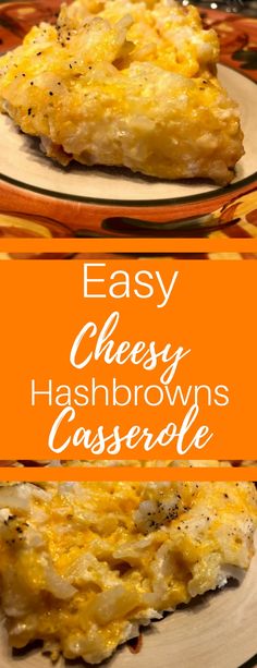 easy cheesy hashbrowns casserole on two plates with an orange border