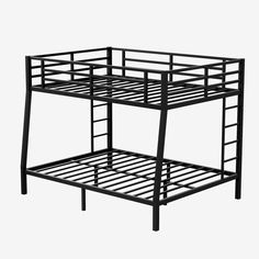 a black metal bunk bed frame with no mattresses on the top and bottom part