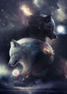 two white wolfs sitting on top of each other in front of stars and clouds