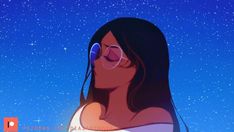 a woman wearing sunglasses and looking up at the sky with stars in the night sky behind her