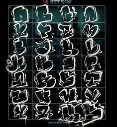 graffiti alphabets and numbers on a black background with white spray paint in the middle