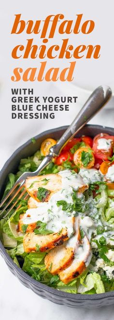 a salad in a pan with dressing on top and the words buffalo chicken salad above it