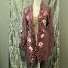 Driftwood Abby Kimono In Dusty Rose By Sundance Nwt Casual Tweed Jacket, Pink Embroidered Bohemian Outerwear, Multicolor V-neck Kimono For Daywear, V-neck Floral Embroidered Kimono For Summer, Spring Bohemian Hand-dyed Kimono, Womens Tweed Jacket, Studded Jacket, Open Front Jacket, Boho Jacket