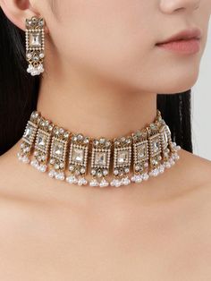 European And American Style Vintage Bohemian Style Gemstone Studded Faux Pearl Square Pendant Fringe Earrings Lock Collar Necklace Set Of 3 White    Zinc Alloy     Women Fashion Jewelry, size features are:Bust: ,Length: ,Sleeve Length: Kundan Temple Jewelry Sets With Choker, Luxury Bohemian Kundan Temple Necklace, Bohemian Gold Kundan Jewelry Sets, Temple Jewelry Meenakari Choker Set, Party Temple Jewelry Meenakari Choker, Bling Choker, Indian Choker Necklace, Choker Designs, Vintage Bohemian Style