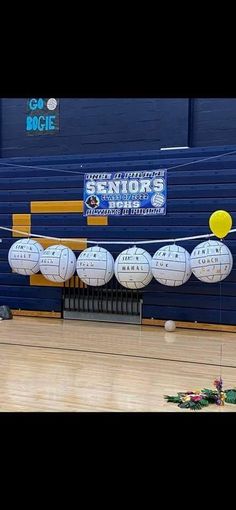 volleyballs are lined up on the sidelines in a gym with balls hanging from them