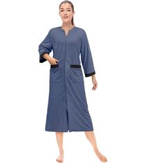 PAVILIA Women Zipper Robe, Loungewear Dress Lightweight Sleepwear Housecoat Nightgown Long Bathrobe, Contrast Trim Jersey Robe with Pockets UNIQUE DESIGN ZIPPER ROBE: Enjoy the perfect blend of style and functionality with 3/4 sleeves, a mid-calf length, and a front zipper for easy wear. Two front pockets add convenience for holding essentials while keeping your hands warm in cold weather. SOFT, LIGHTWEIGHT HOUSE COAT: Embrace comfort with high-quality, skin-friendly, breathable, and lightweight fabric. Whether it's a ladies' gown, nursing robe, or sleepwear lounger, PAVILIA robe ensures a relaxed and cozy time at home. HIGH QUALITY AND DURABLE CONSTRUCTION: Available in 5 colors Made with 240 GSM of premium microfiber polyester, this zip up robe is soft, lightweight, yet durable. EASY TO Blue Long Sleeve Nightgown For Lounging, Blue Long Sleeve Sleep Robe, Blue Long Sleeve Robe For Sleep, Long Sleeve Robe For Lounging, Long Sleeve Robe With Pockets For Loungewear, Long Sleeve Robe With Pockets For Home, Blue Long Sleeve Hospital Nightgown, Long Sleeve Blue Nightgown For Hospital, Zipper Robe