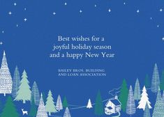 a blue christmas card with trees and a sleigh in the sky, which reads best wishes for a joyful holiday season and a happy new year