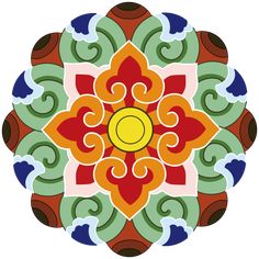 a colorful circular design with swirls and waves in the center, on a white background