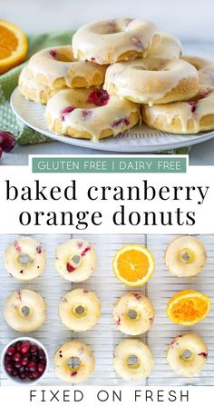 baked cranberry orange donuts with glaze and fresh fruit on the side