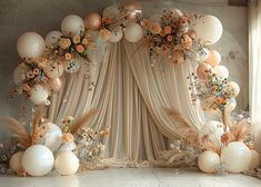 a room with balloons and flowers on the wall next to curtained drapes