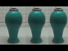 three green vases sitting next to each other