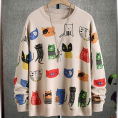 Sweater Cats Size Large Small And Medium New Men Cartoon, Beige Pullover, Streetwear Mode, Pola Sulam, Sweaters Online, Cartoon Pattern, Knitwear Men, Pattern Sweater, Men's Knit