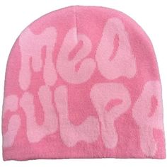 a pink beanie hat with the words hello bubbles printed on it