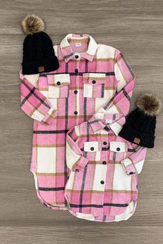 Mom & Me - Pink Plaid Long Flannel Shacket - Sparkle in Pink Buffalo Plaid Family Photo, Pink Flannel Outfit, Long Flannel, Mom Daughter Outfits, Mommy Daughter Outfits, Pink Plaid Shirt, Flannel Shacket, Sparkle In Pink