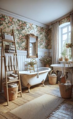 an old fashioned bathtub in a bathroom with floral wallpaper on the walls and floor