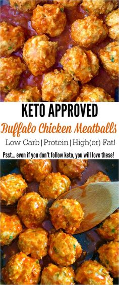 keto approved buffalo chicken meatballs in a skillet with the title above it