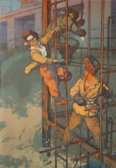 an image of two men climbing up the side of a building in jail cells