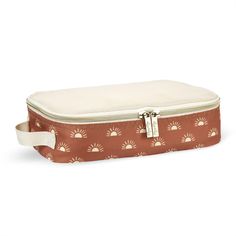 a brown and white cosmetic bag with sun design on the front, zippered closure