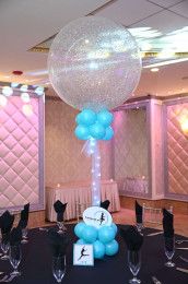 a table with balloons and place settings on it