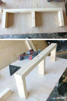 the bench is made out of plywood and some tools are on top of it