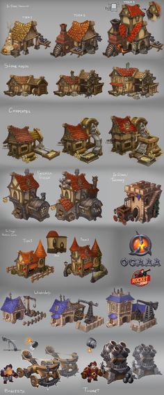 a bunch of different types of houses and buildings in the game, with text below them