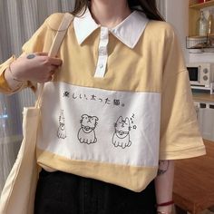 Casual Embroidery, Harajuku Clothes, Polo Shirt Girl, Harajuku Japan, Student Shirt, Funny Outfits, Next Clothes, Dye Shirt, Japanese Prints