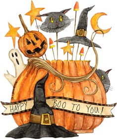 a drawing of a pumpkin with witches and cats around it