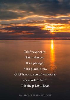 the sun setting over water with a poem written on it that reads,'grit never ends but it changes it's a passage not a place to stay