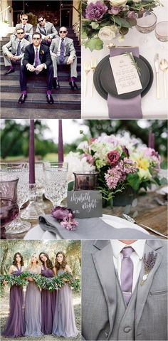 a collage of photos with purple and grey wedding color palettes for the bride and groom