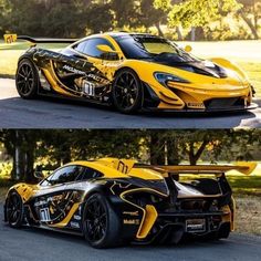 two pictures of a yellow and black sports car