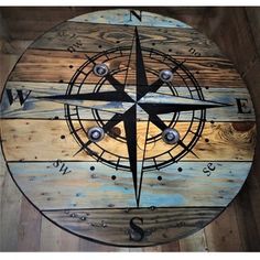 a wooden compass is mounted on the wall