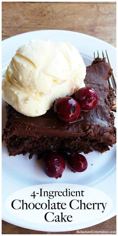 a piece of chocolate cake on a plate with ice cream and cherries next to it