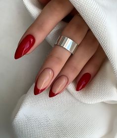 30 One-Of-A-Kind Red Nail Designs To Impress Anybody - 210 Unghie Sfumate, Red Acrylic Nails, Casual Nails, Red Nail, Oval Nails, Nature Tattoos, Xmas Nails, Chic Nails