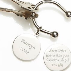 two personalized keychains that say, life is a journey enjoy it