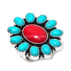 Add vivacity to your glamorous look by wearing this Rings by Silver Jewelexi. Featuring an ethnic handmade design, this Ring is embellished with Coral for a more feminine effect. Wear these 925 Sterling Silver Ring with your best casual outfits to look iconic. ------------------------------------------ Welcome to Our Shop Silverjewelexi ------------------------------------------ Valuable Coral Ring Size 7 1/2, Red Gemstone Ring, Cluster Ring, 925 Sterling Silver Jewelry, Engagement Gift, Ring For Wife Description :- SKU:- ETC-8409 Metal:-  Sterling Silver Metal Purity:- 925 Gemstone:- Coral, Turquoise Gemstone Color:- Red Gemstone Creation :- Natural Stone Setting :- Channel Ring Size:- 7 1/2 US Note: Due to the natural formation of this gemstone. Slight variation in design and color are t Red Sterling Silver Flower Ring As Gift, Adjustable Turquoise Ring With Stone Setting, Turquoise Ring With Stone Setting In Silver, Red Multi-stone Jewelry, Handmade Round Crystal Ring, Red Gemstone Flower Ring, Adjustable Red Turquoise Ring As Gift, Unique Red Rings With Accent Stones, Crystal Toe Ring For Jewelry Making